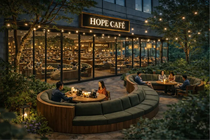 Hope Cafe exterior with outdoor seating and warm evening lighting.