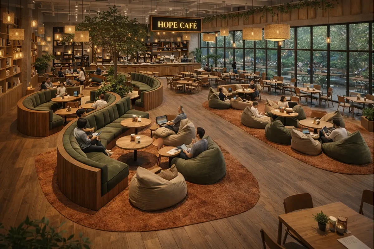 Interior view of Hope Cafe with lounge seating and natural light.