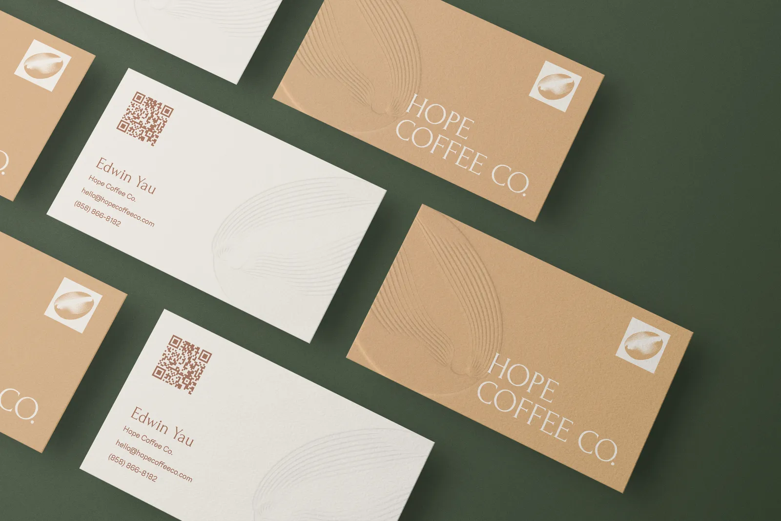 Hope Coffee Co. stationery layout with business cards on an olive background.