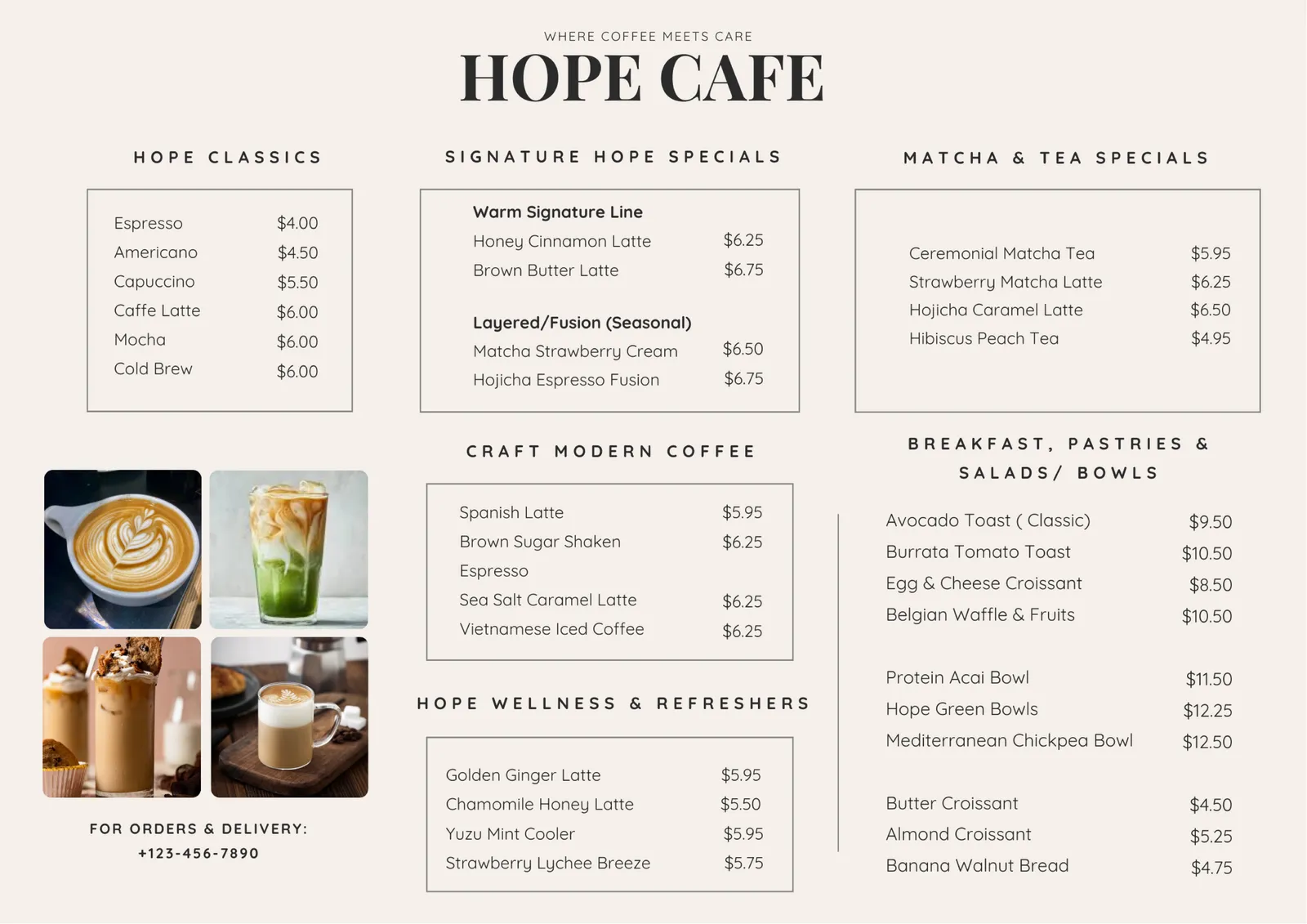 Hope Coffee menu preview featuring coffee, tea, pastries, bowls, and signature drinks.