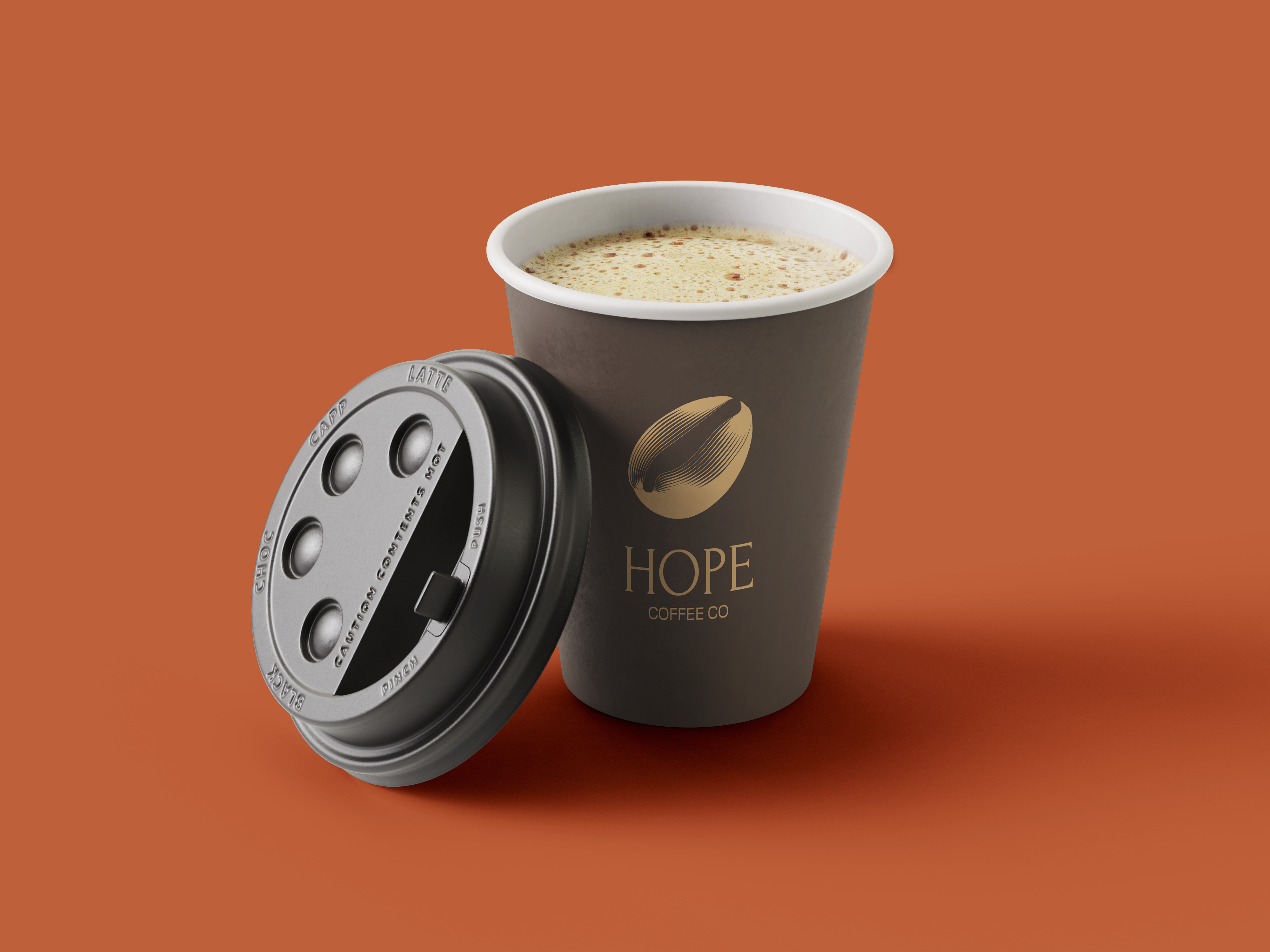 Hope Coffee takeaway cup and latte mockup.