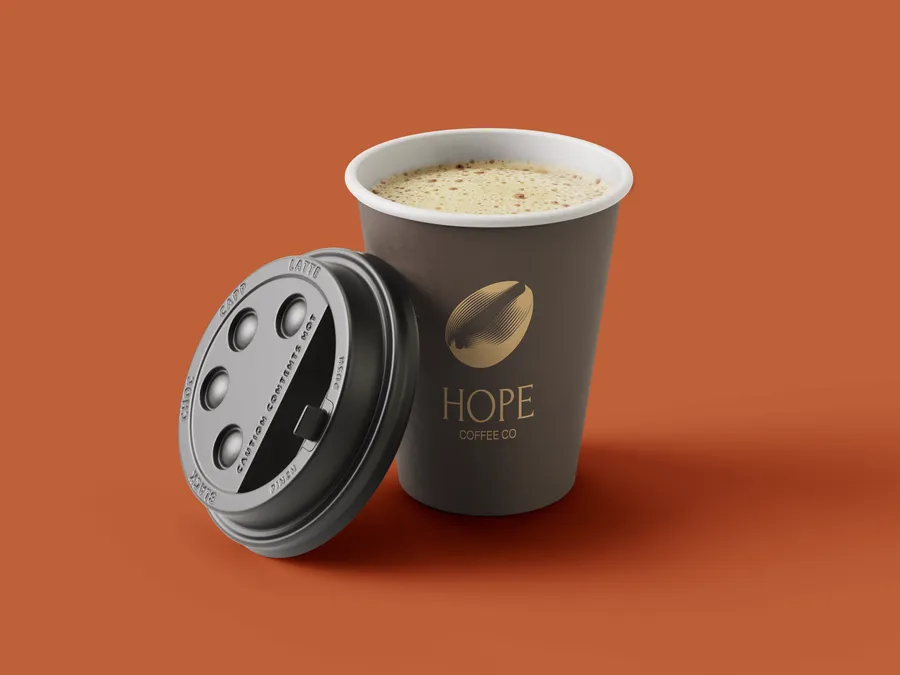 Hope Coffee takeaway cup and latte mockup.